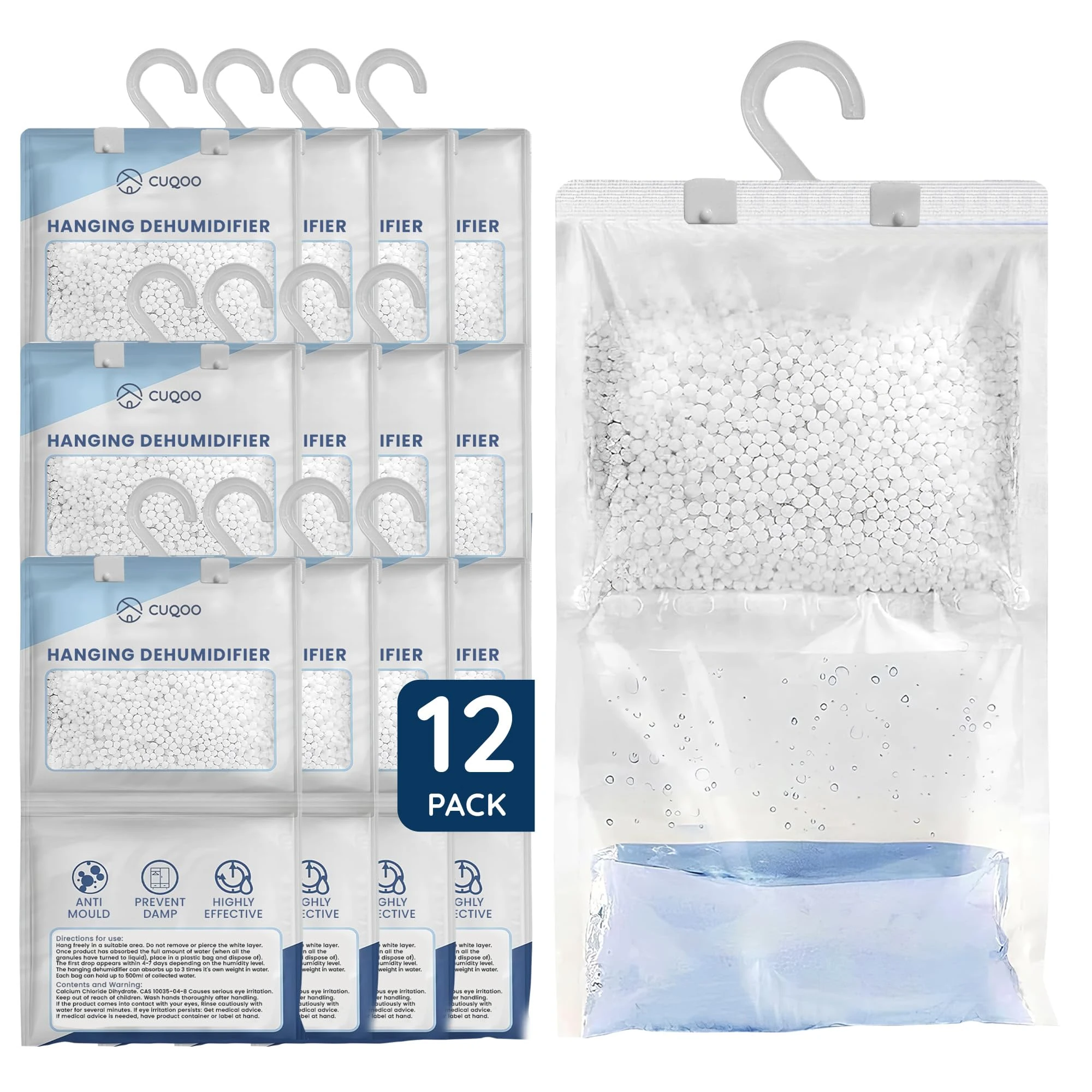 CUQOO Hanging Wardrobe Dehumidifier Bags – Disposable Moisture Absorber 12-Pack Sachets for Wardrobes; Hanging Dehumidifier Bag for Closet, Windows & Home Condensation Absorbers