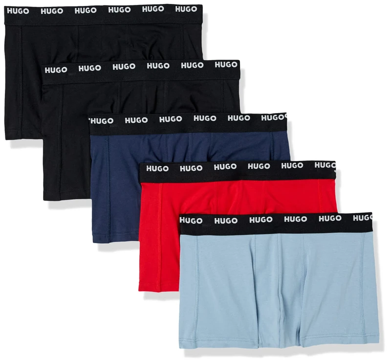 HUGO Men's 5 Pack Stretch Cotton Trunk Boxer Shorts, Dark Black/Soft Blue/Red Flame/Spruce Blue/Dark Black, S