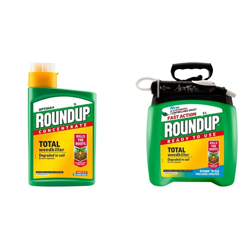 Roundup Optima+ Total Weedkiller, Concentrate, 1 Litre & Fast Action Weedkiller Pump 'N Go Ready To Use Spray, 5 Litre
