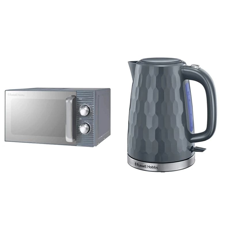 Russell Hobbs RHM1731G Inspire 17L 700w Grey Solo Manual Microwave & 26053 Cordless Electric Kettle - Contemporary Honeycomb Design with Fast Boil and Boil Dry Protection, 1.7 Litre, 3000 W, Grey