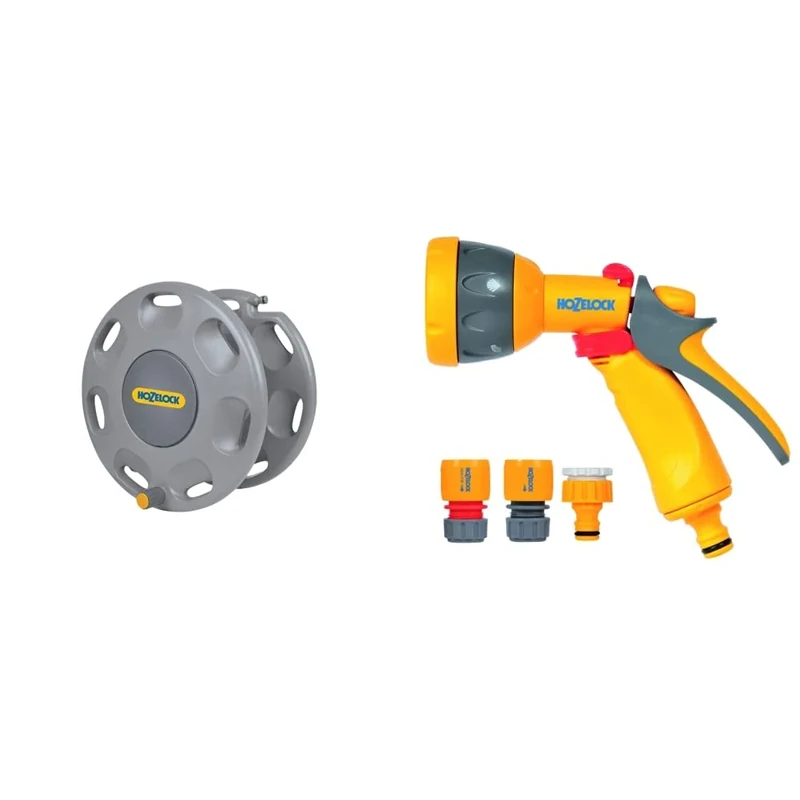 Hozelock 2390D0000 60m Wall Mounted Reel Without Hose and Nozzle (Yellow/Gray) & 2347 0000 Multi Spray Watering Gun Starter Set, 205.0 mm*230.0 mm*260.0 mm, Multicolour