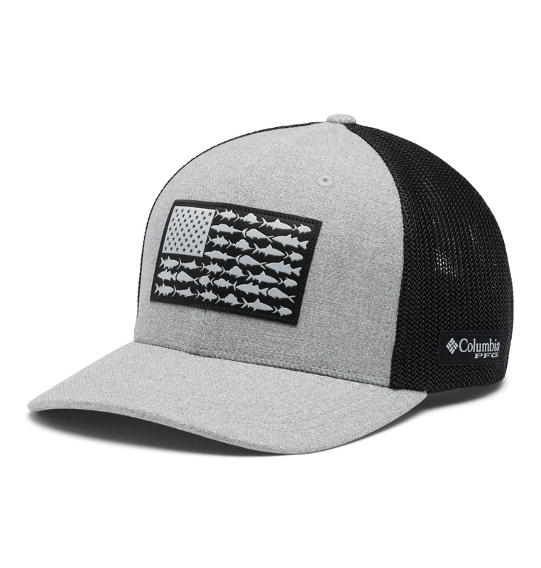 Columbia Unisex PFG Fish Flag Mesh Ball Cap-High Crown, Cool Grey Heather/Grill/US Fish Flag, Large/X-Large