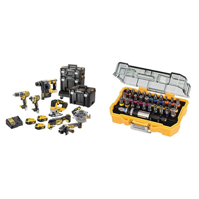 DCK755P3T XR Brushless 7 Piece Kit 18V 3 x 5.0Ah Li-ion & DT7969-QZ, 32 Piece XR Professional Magnetic Screwdriver Bit Accessory Set, Yellow