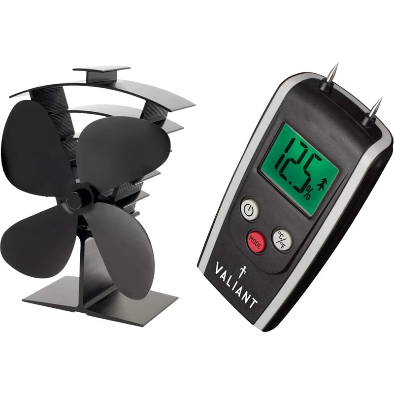 VALIANT (FIR361 Premium IV 4-Blade Heat Powered Log Burner & Stove Fan, Black & FIR421 Digital Moisture Meter for Firewood Timber and Brickwork, Black