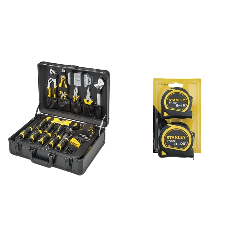 STANLEY 142 Piece Maintenance Case - Pliers and Cutters, Adjustable Wrench, Level, Tools for Tightening and Screwing STMT98109-1 & STA998985 Pocket Tapes, 5m/16ft & 8m/26ft