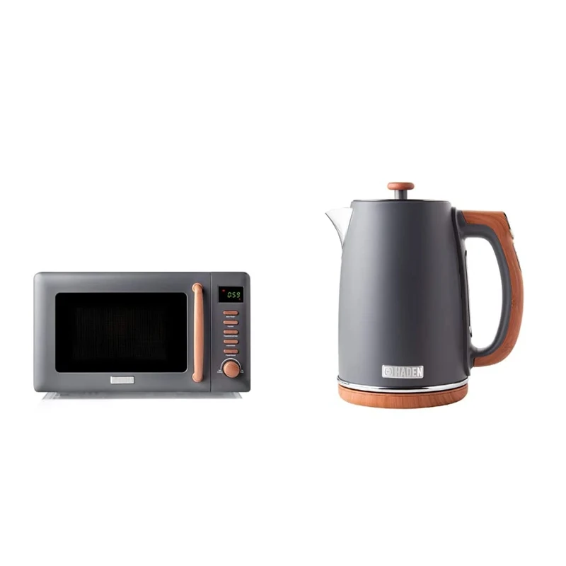 Haden Dorchester Grey Microwave With Wood Effect Finish, 20ltr Capacity & Haden Dorchester Digital Variable Temperature Kettle With Wood Effect Finish, Fast Boil, 3000W, 1.7Litre, Matt Grey