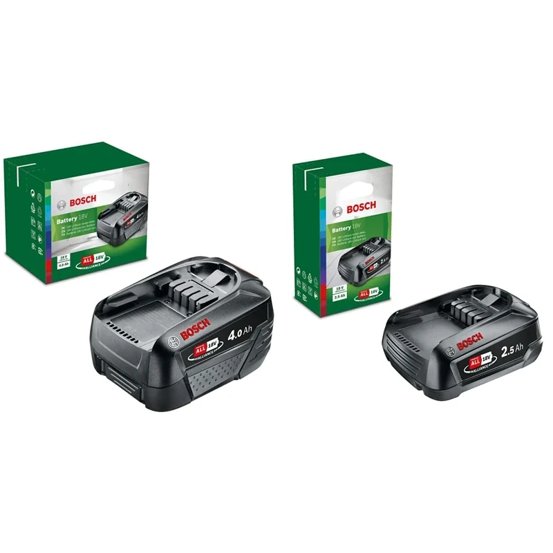 Bosch Home and Garden Battery Pack PBA 18V (battery 4.0 Ah W-C, 18 Volt System, in carton packaging) & Home and Garden Battery Pack PBA 18V (battery 2.5 Ah W-B, 18 Volt System, in carton packaging)