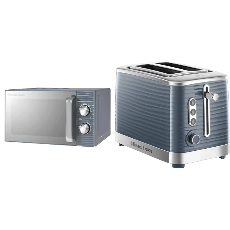 Russell Hobbs RHM1731G Inspire 17L 700w Grey Solo Manual Microwave & 24373 Grey Inspire 2 Slice Toaster, Wide Slot with Frozen, Cancel and Reheat Settings, High Gloss Chrome Accents, 1050 W