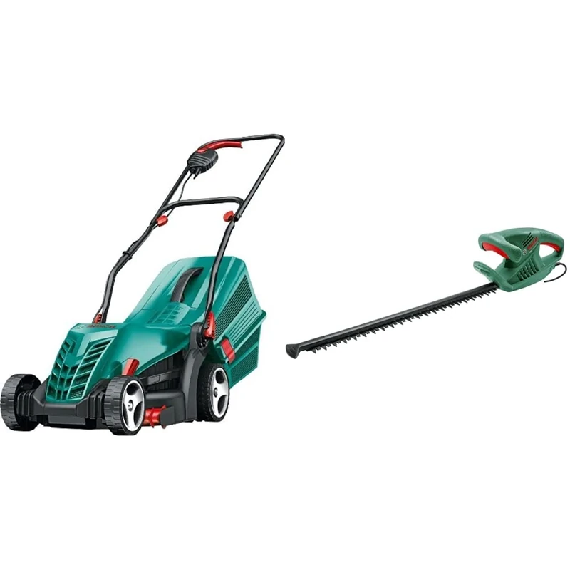 Bosch Rotak 34R Electric Lawnmower (1300 W, Cutting width: 34 cm, In carton packaging) & Bosch Electric Hedge Cutter EasyHedgeCut 45 (420 W, Blade Length 45 cm, in Carton Packaging)