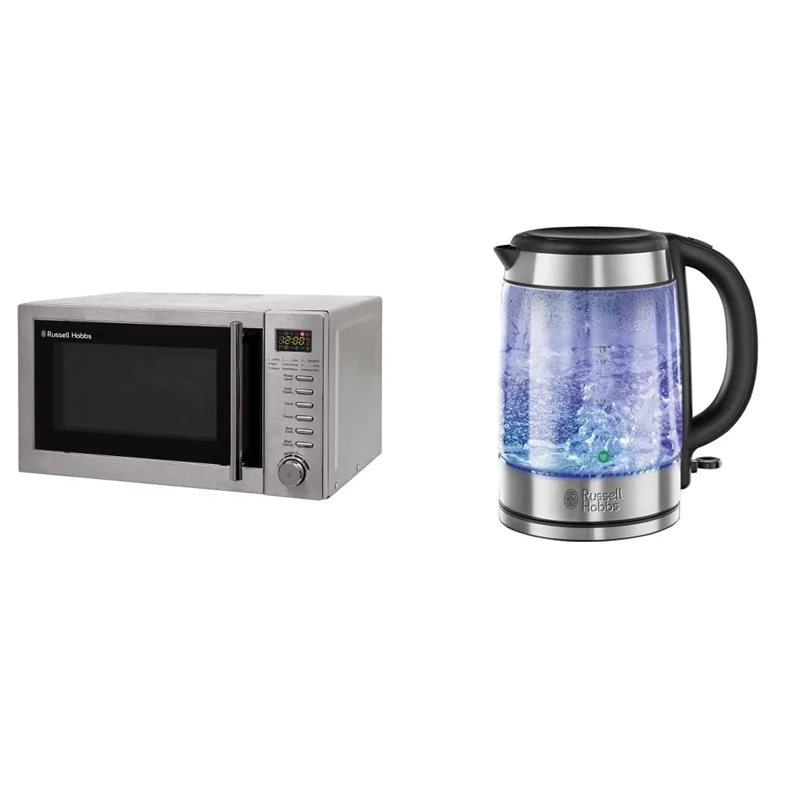 Russell Hobbs RHM2031 20 L 800 W Stainless Steel Digital Grill Microwave with 5 Power Levels & 21600-10 Illuminating Glass Kettle, Black, 1.7 Litre, 3000 Watt