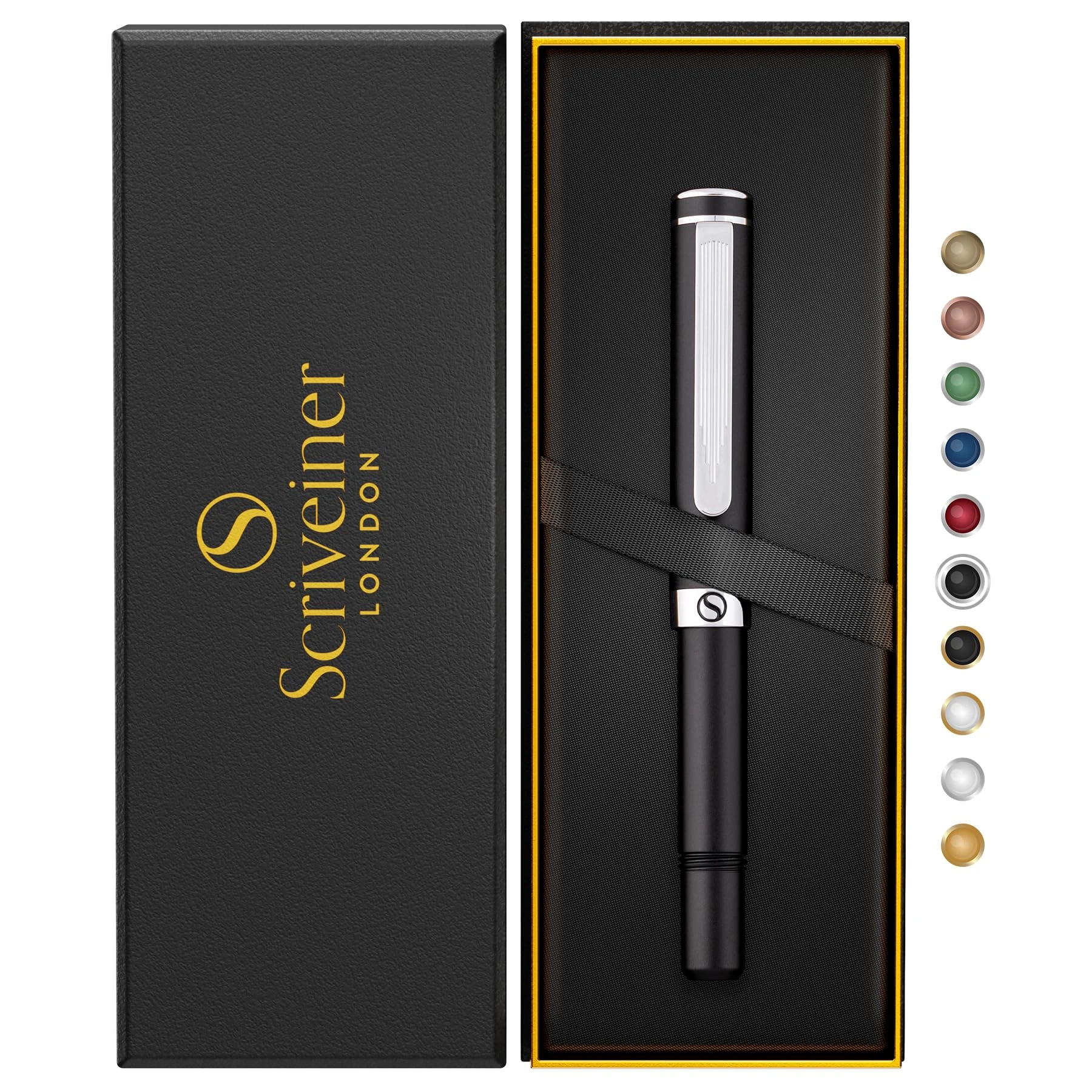Scriveiner Black Rollerball EDC Luxury Pen, Stunning Pocket Pen with Chrome Finish, Best Writing Gift Set for Men & Women, Incliudes German Schmidt Refill, Great Present Idea for Office or Graduation
