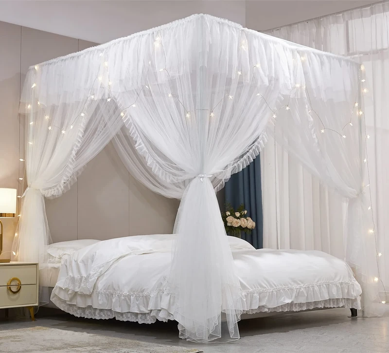 VETHIN 4 Corners Post Ruffle Princess Bed Canopy Curtain-Double Layer Cozy Drape Netting 4 Opening Mosquito Net for Girls Adults Bedroom Decoration (White/White, 64" W*82" L*82"*H/(Queen))
