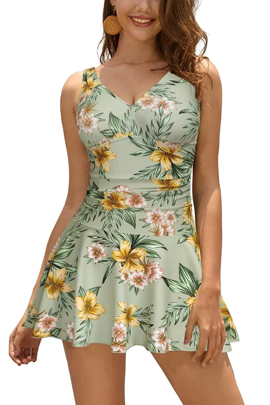 SHEKINI Women's One Piece Swimsuit V Neck Swimwear Wrap Over Padded Bathing Suit Ruched Tummy Control Wide Straps Swimming Costume with Skirt Plus Size, Flower, X-Large