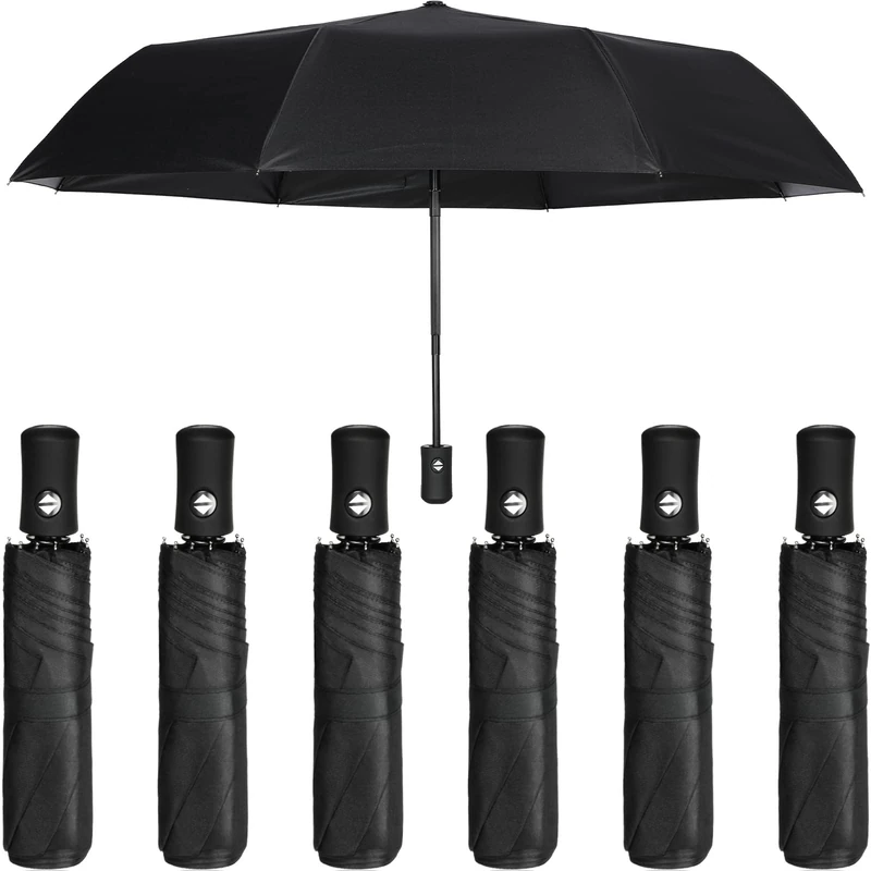 Jexine 6 Stück Reise-Regenschirm, automatisches Öffnen und Schließen, kompakter Regenschirm, winddicht, klein, leicht, Rucksack, Geldbörse, Auto, tragbar, für Regen, Herren und Damen (schwarz)
