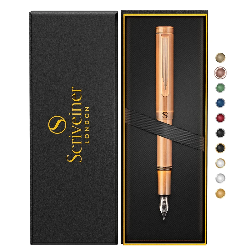 Scriveiner Luxury EDC Fountain Pen (Medium), Stunning Heavy Brass Pocket Pen, Hand Brushed Copper Finish, Schmidt German Nib Converter, Best Writing Pen Gift Set for Men Women, Nice Fancy Designer Pen