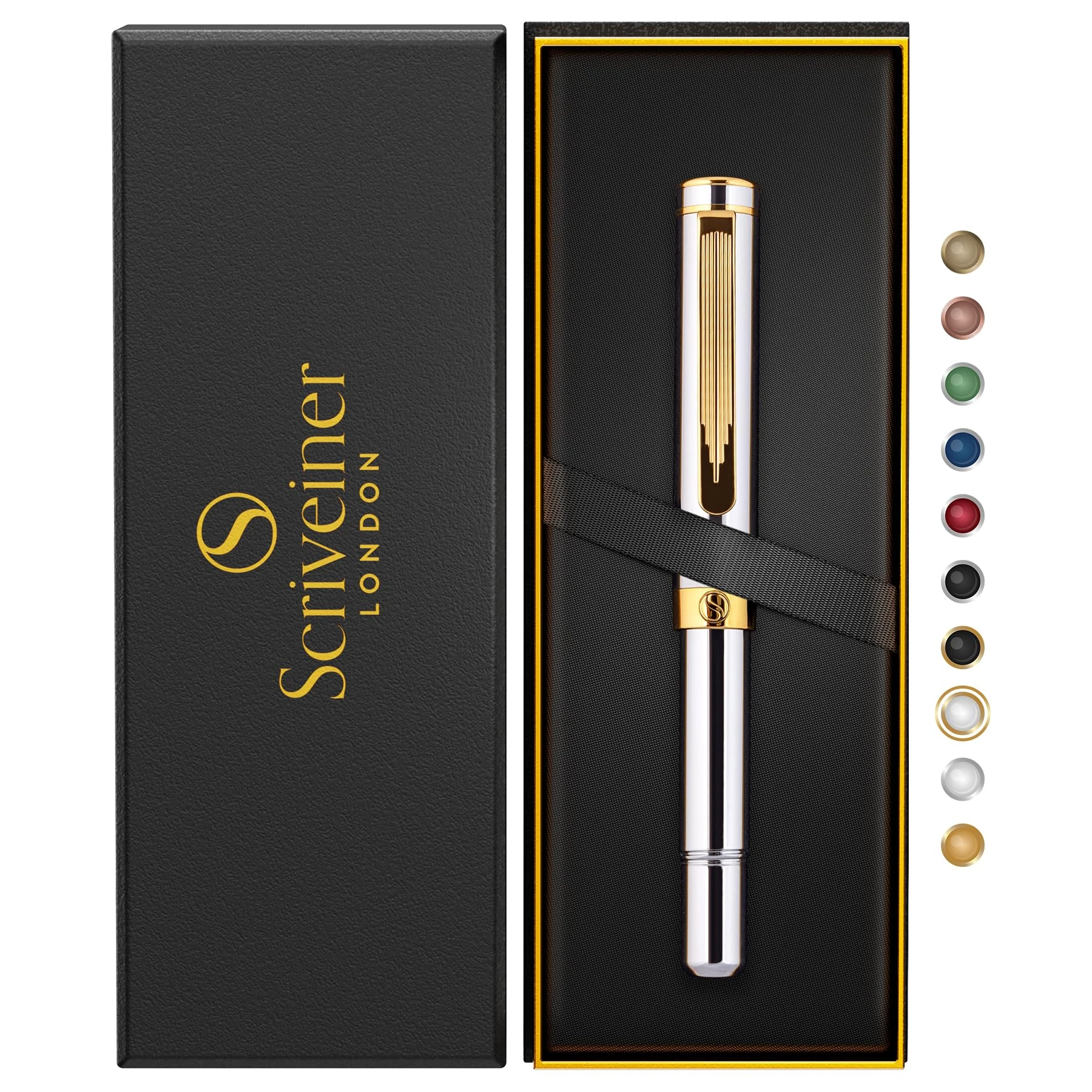 Scriveiner EDC Silver Chrome Rollerball Luxury Pen, Stunning Heavy Pocket Pen, Real Gold Plating, Cool Writing Pen, Best Gift for Men & Women, German Schmidt Refill, Nice Office Designer