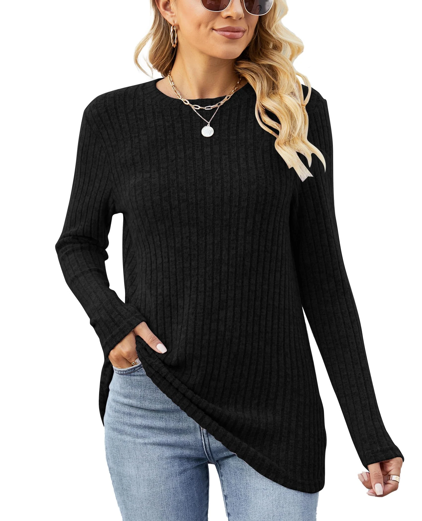 Famulily Ladies Long Sleeve Tops Autumn Plain Casual Loose Crew Neck Jumpers for Women UK Size 14 Black L