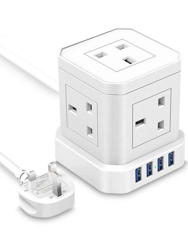 Tuare Cube Extension Lead with 4 USB Slots, 2M Extension Cable, 5 AC Ports, Surge Protected 13A 3250W, Multi 9-in-1 Power Cube for PC/Phone/Laptop/Speaker/TV, White
