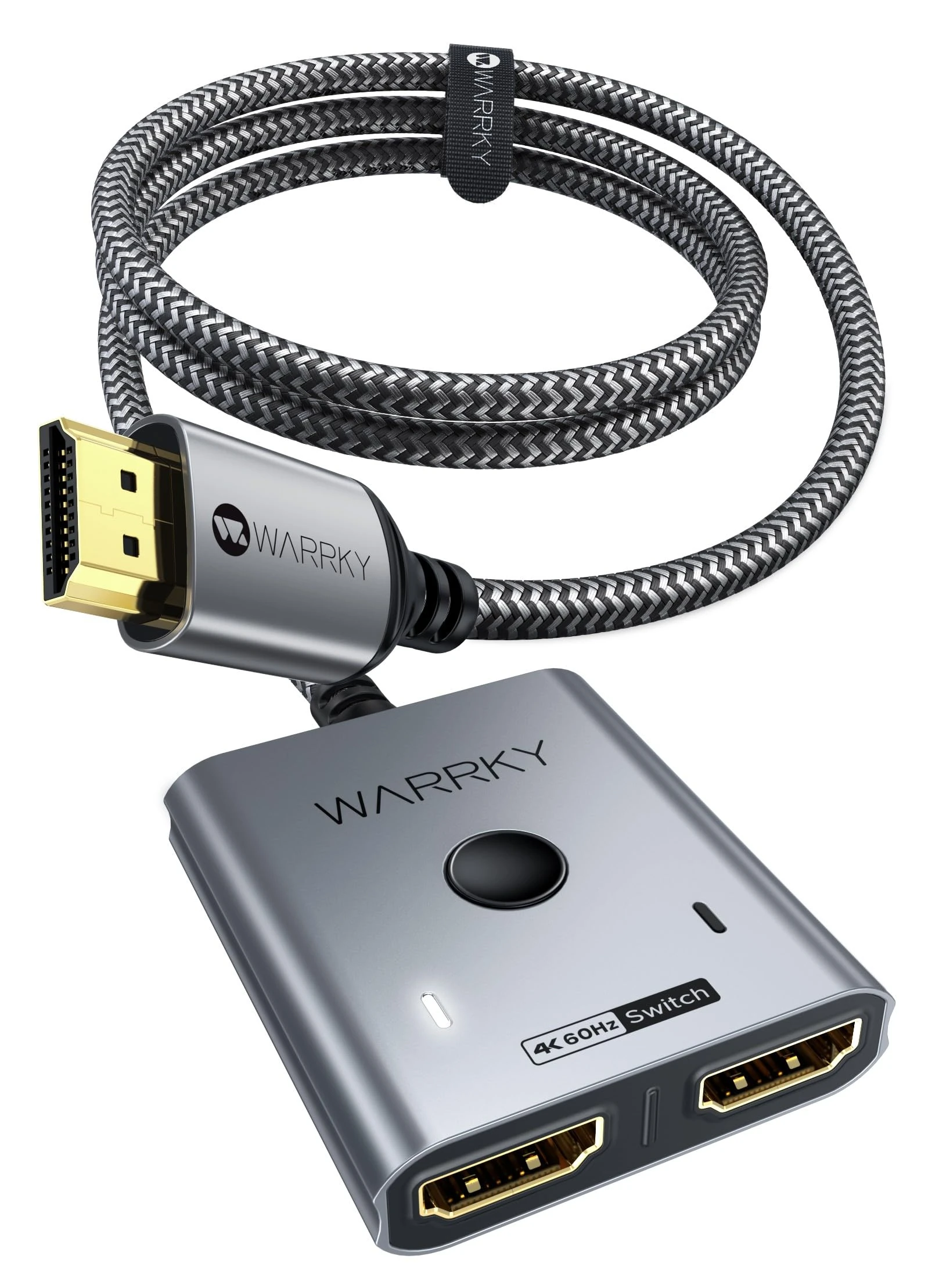 WARRKY HDMI Switch 4K 60Hz 2K 144Hz Bidirectional Switcher, [Aluminium Case, Nylon Braided] HDMI Splitter 2 in 1 out (ONLY 1 Monitor) Compatible with TV stick, Xbox, PS5/4, PC, Grey