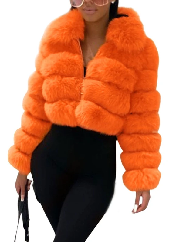 loveimgs Women Fluffy Faux Fur Coat Cropped Jacket Puffer Jacket Zip Up Winter Warm Fuzzy Teddy Jacket, Orange, Small