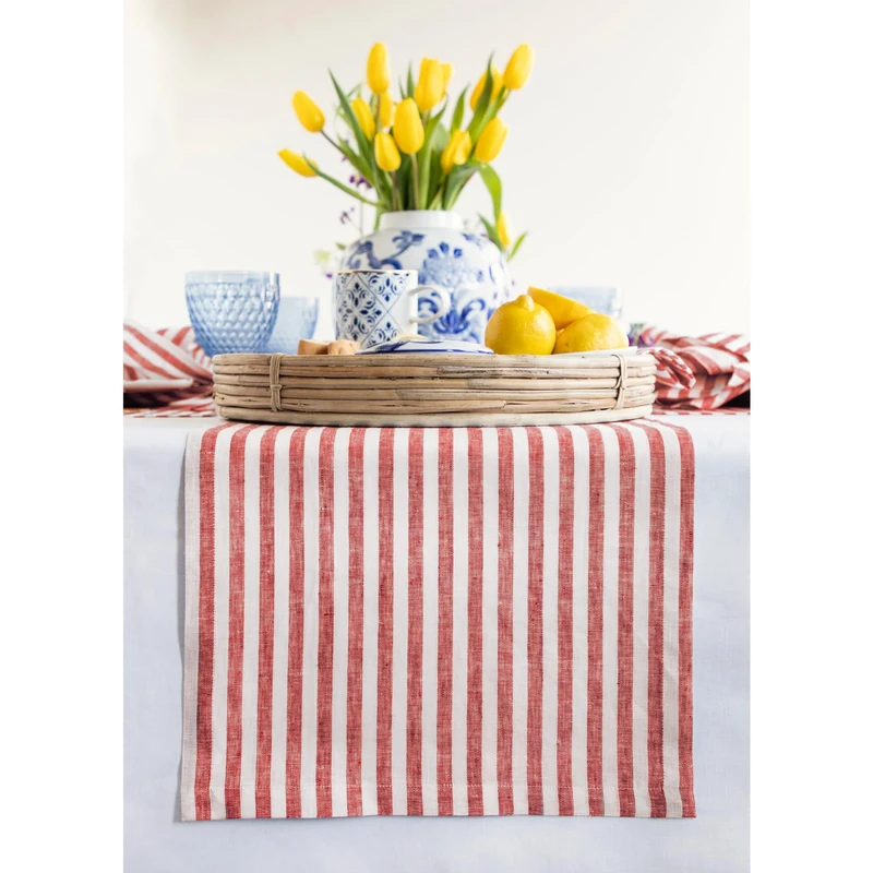 Solino Home Linen Striped Table Runner 14 x 90 Inch – 100% Pure Linen Red and White Table Runner for Thanksgiving, Christmas, Holiday, Winter – Amalfi Stripe, Handcrafted from European Flax
