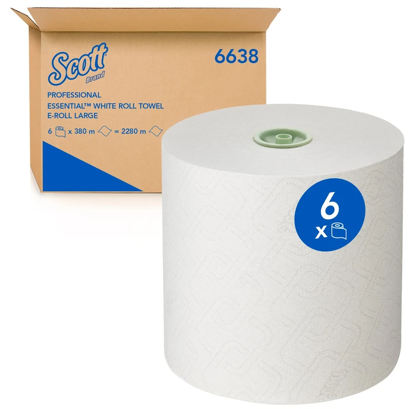 Scott Essential Rolled Hand Towels 6638 - E-Roll Large Paper Towel Roll - 6 x 380m White Paper Towel Rolls (2,280m total)