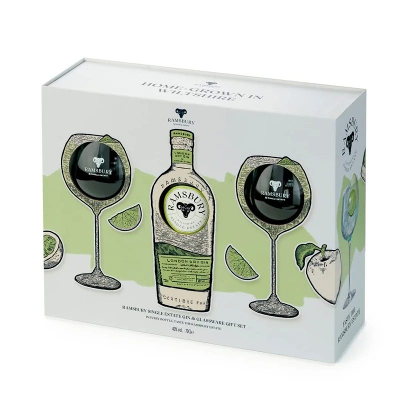 Ramsbury Single Estate Gin & Glassware Gift Set, 70cl 40% ABV - Single Estate Spirits - Premium Gin Gifting with Copa de Balón glassware - Made in Wiltshire, UK