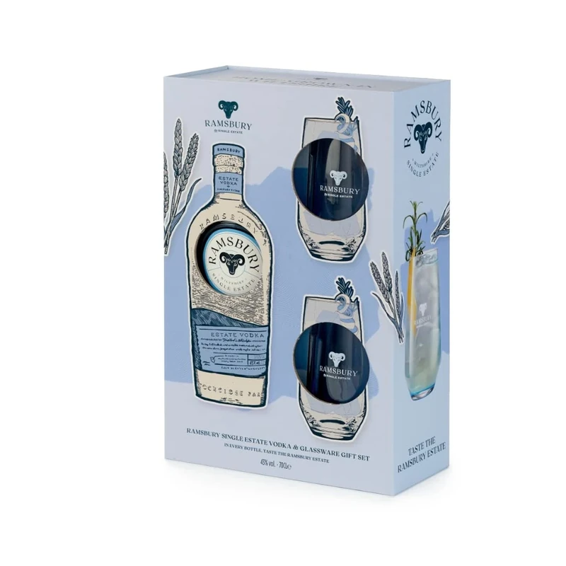 Ramsbury Single Estate Vodka & Glassware Gift Set, 70cl 43% ABV - Single Estate Spirits – Premium Vodka Gifting with Highball Glassware – Made in Wiltshire, UK