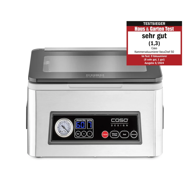 CASO VacuChef 1416 Stainless Steel Chamber Vacuum Sealer 70 l/min, 4 Chamber Volume, Double Weld Seam (2 mm each), Marinating Function, Includes 30 Sealed Edge Bags, Replacement Seal and Vacuum Hose