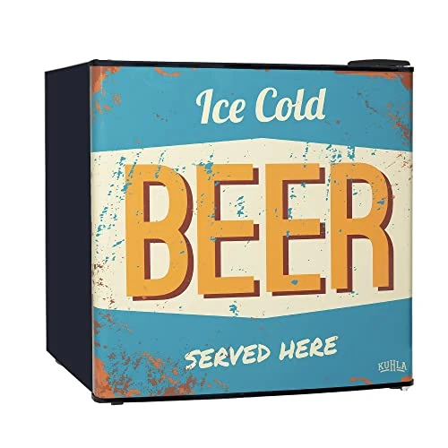 Kuhla 45 Litre Mini Fridge with Ice Box, Stylish Design, Inc Adjustable Thermostat, Door Racks and Removable Shelf, Small Drinks Fridge Ideal for Home and Office – Beer Vintage, Black KTTF4BGB-1011-E