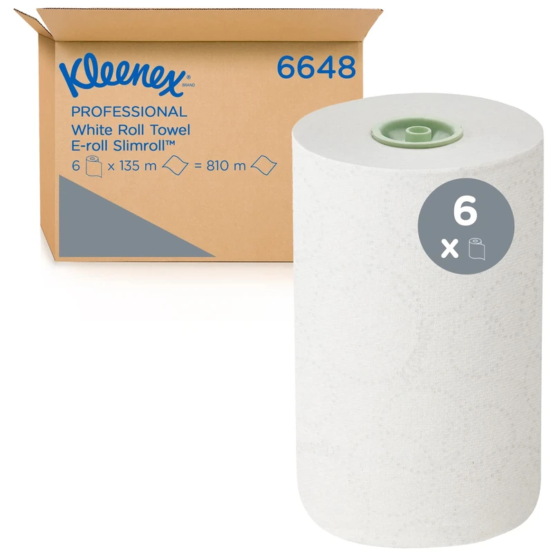 Kleenex Slimroll Rolled Paper Towels 6648 - E-Roll Rolled Hand Towels - 6 x 135m White Paper Towel Rolls (810m total)