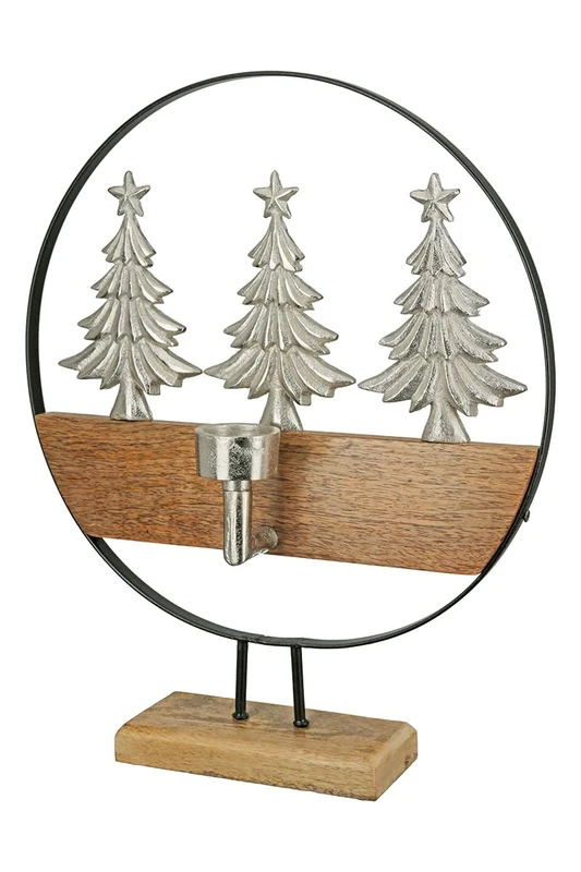 GILDE Wooden Christmas Decoration Tea Light Candlestick Candle Holder Motif Aluminium Brown Silver Table Decoration Height 43 cm - Image 1