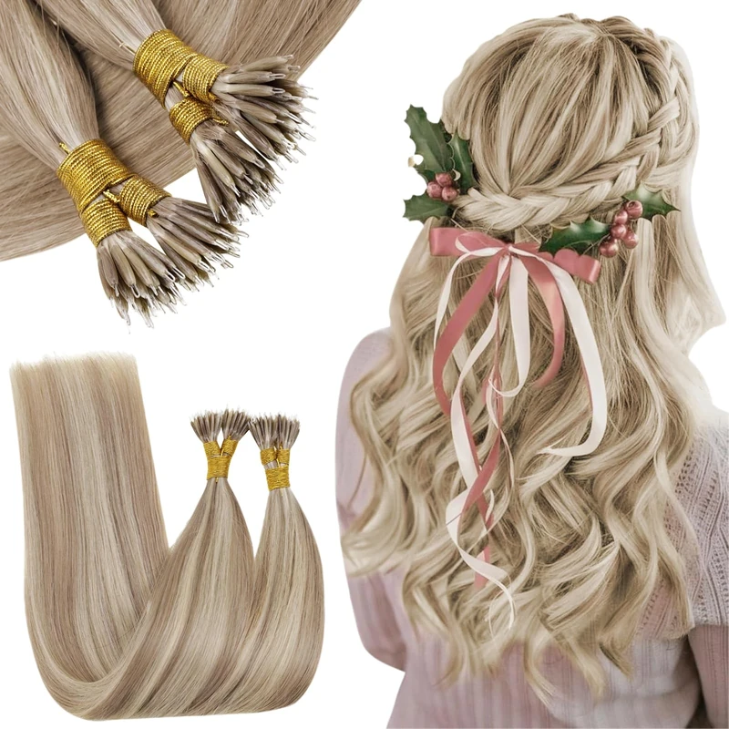 RUNATURE Blonde Nano Hair Extensions Real Human Hair 16 Inch Nano Ring Hair Extensions Real Human Hair Blonde Highlight Brown Nano Beads Hair Remy Invisible Nano Hair 50s 50g #8P60