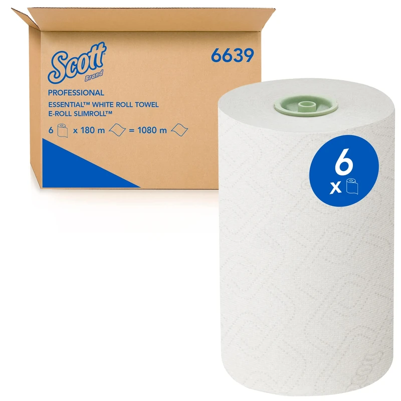 Scott Essential Slimroll Rolled Hand Towels 6639 - E-Roll Rolled Paper Towels - 6 x 180m White Paper Towel Rolls (1,080m total)