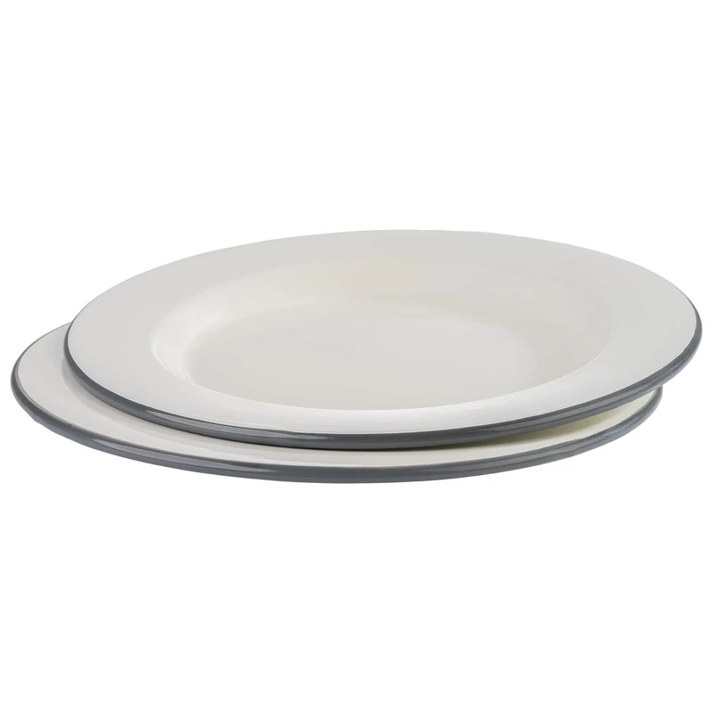 APS Set of 2 Flat Dinner Plates Enamel Diameter 26 cm Height 2 cm Enamelled Sheet Steel Colour Cream White with Grey Edge