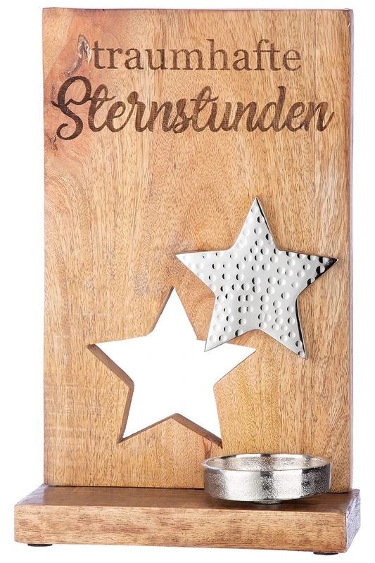 GILDE Decorative Candle Holder Tea Light Candle Star with Lettering: Dreamlike Star Hours – Christmas Decoration Made of Wood – Colour Brown Silver – Height 32 cm