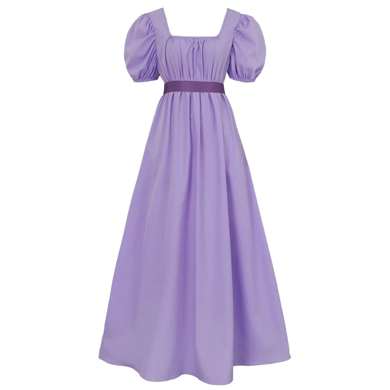 HEQU Regency Dresses for Women with Satin Sash Ruffled Puff Sleeve Empire Waist Dress Gown, Violet, M
