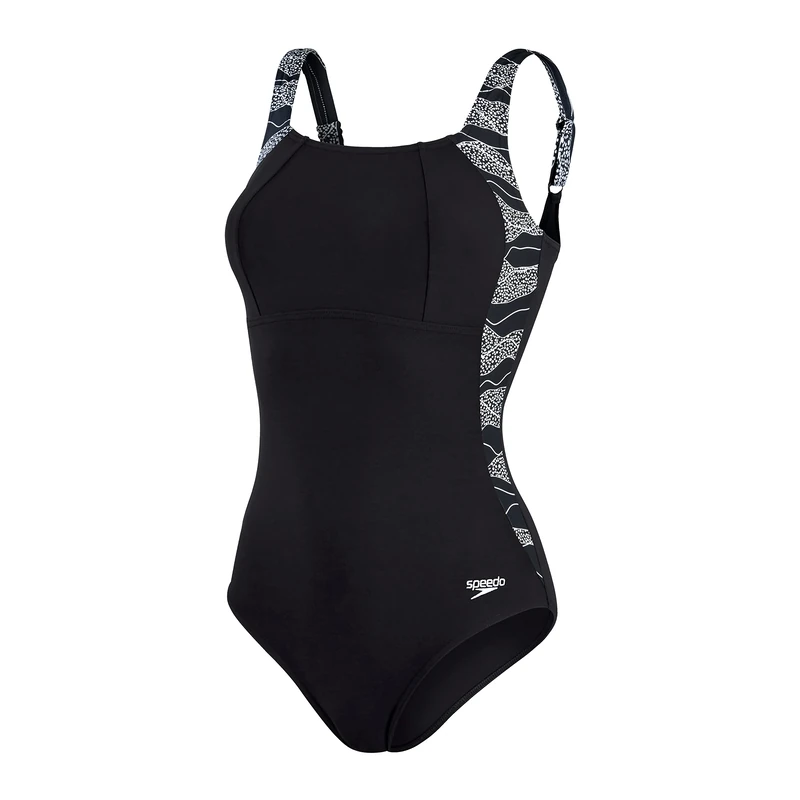 Speedo Women's Shaping LunaLustre Printed 1 Piece Swimsuit, Black/White, 32