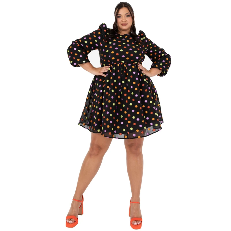 Lovedrobe Womens Ladies Mini Dress Plus Size with Pockets Polka Dot Keyhole Back Smock Long Sleeve Bow Tie Short Curve Organza Size 24 Black