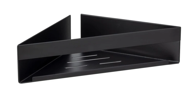WENKO Turbo-Loc Genova Black Corner Shelf, Bathroom Shelf Made of Matt Lacquered Stainless Steel for Attaching No Drilling with Adhesive Pad System, Space-Saving Storage of Care Products, 36 x 8 x 17