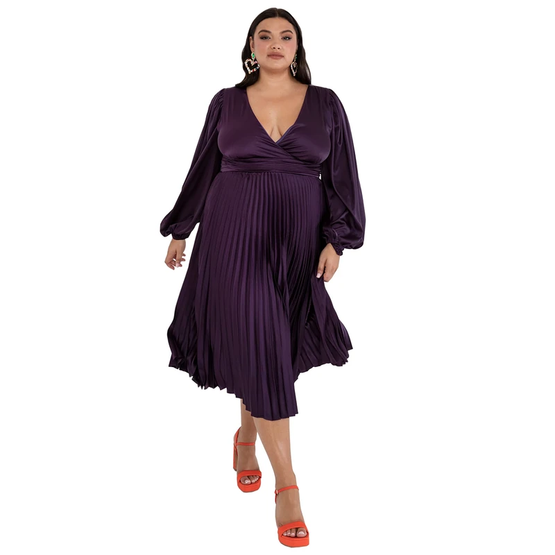 Lovedrobe Pleated Midaxi Dress Ladies Evening Gown V Neckline Back Keyhole Long Sleeve Bishop Satin A Line Purple Size 20