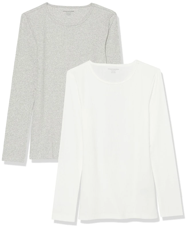 Amazon Essentials Women's Slim-Fit Long Sleeve Rib Knit Crew Neck Top (Available in Plus Size), Pack of 2, Grey Heather/White, S