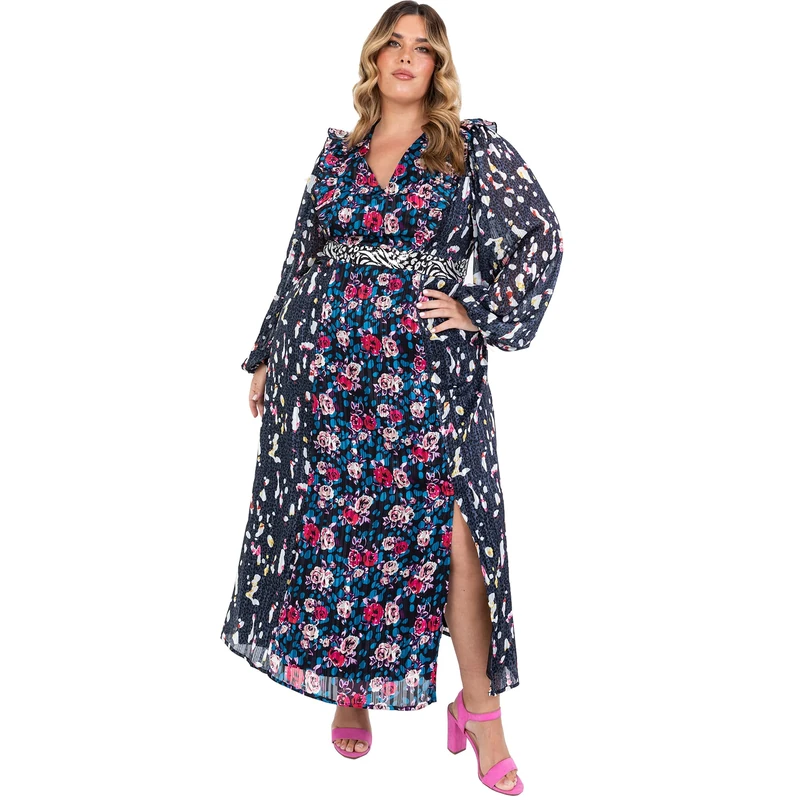 Lovedrobe Women's Plus Size Maxi Dress for Women Ladies with Pockets Long Baloon Sleeve Slit High Waist Curve Everyday Keyhole Flowers Cocktail Dress, Flowers, 18
