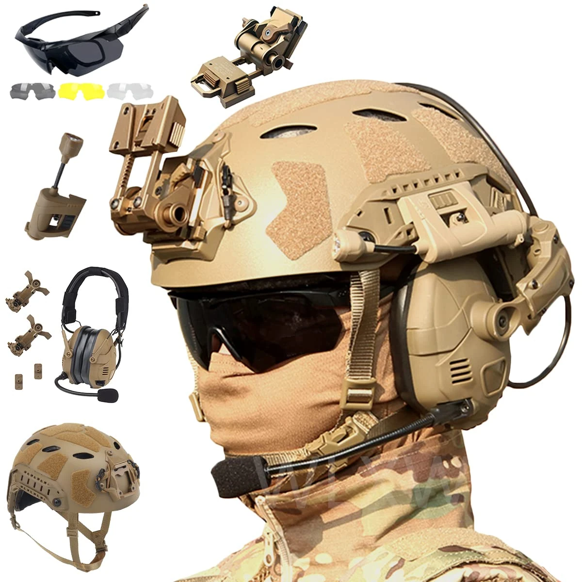 Fast High Cut Tactical Helmet Set, with Bluetooth Tactical Headset,Airsoft Goggles,Pvs31model,L4g24mount,Helmet Signal Light,Helmet Lamp,Battery Pouch,for Paintball Wargame,TAN3