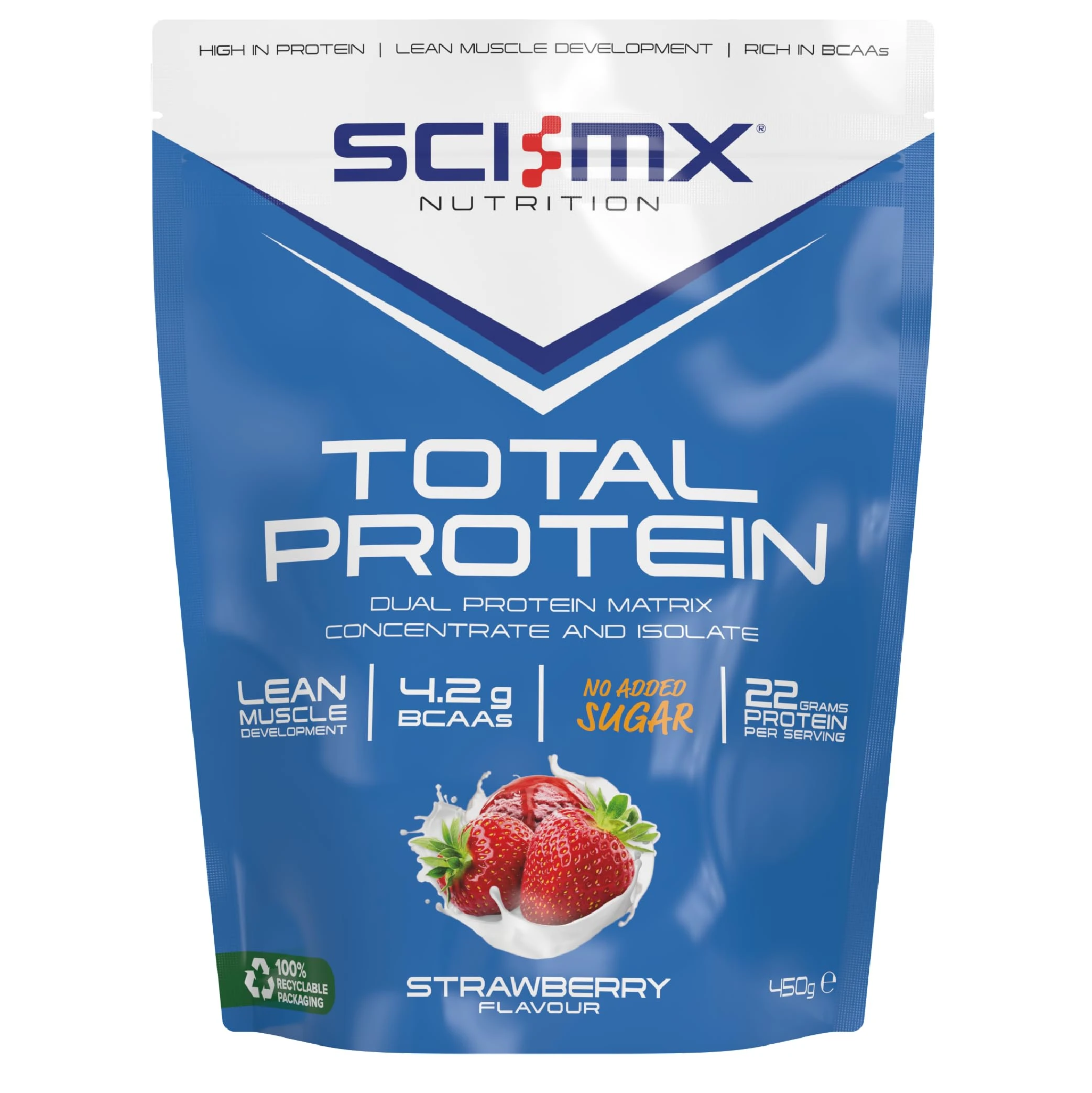 SCI-MX Total Protein - Dual Protein Concentrate & Isolate Protein Powder - Lean Muscle Development - Strawberry • No Added Sugar • 4.2g BCAAs + 22g Protein per Serving • 450g