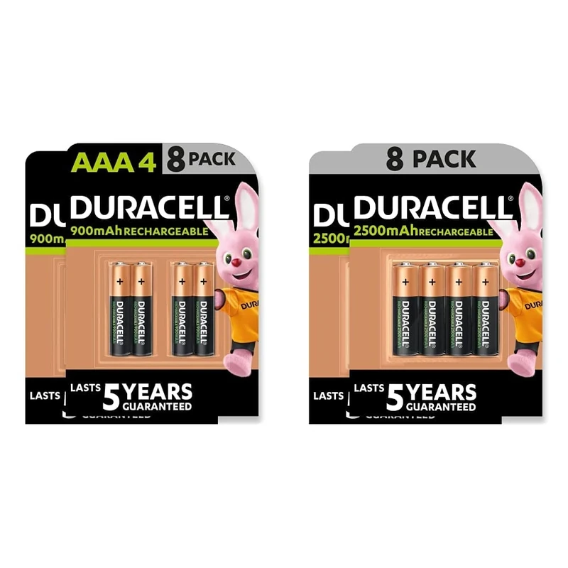 Duracell Rechargeable AA and AAA Batteries (Pack of 8 + 8), 2500 mAh NiMH, 900mAh NiMH, pre-charged, Our No. 1 Longest Lasting Rechargable battery
