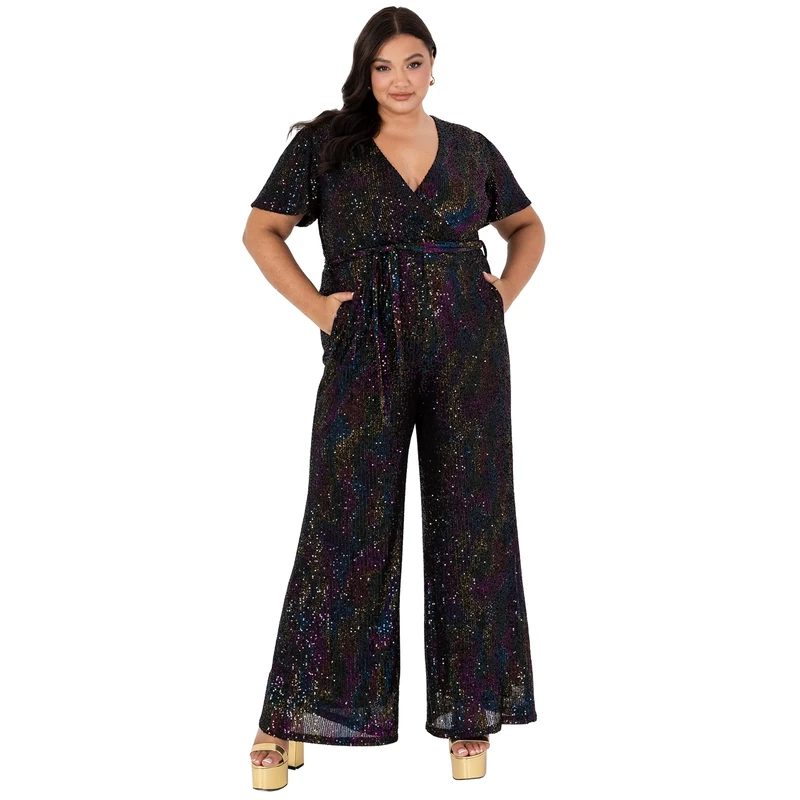 Lovedrobe Ladies Plus Size Jumpsuit Playsuit for Women Black Sequin Short Sleeve Plunging Neck Plus Size Curve Big and Tall Belt Size 16