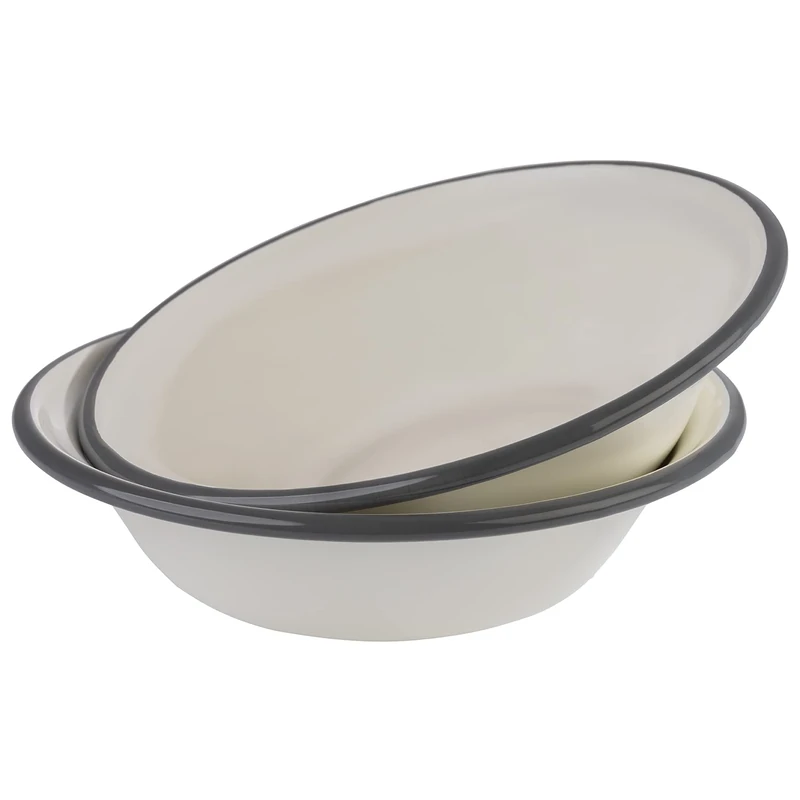 APS Set of 2 Enamel Bowls, Diameter 16.5 cm, Enamelled Sheet Steel, Colour: Cream White with Grey Rim