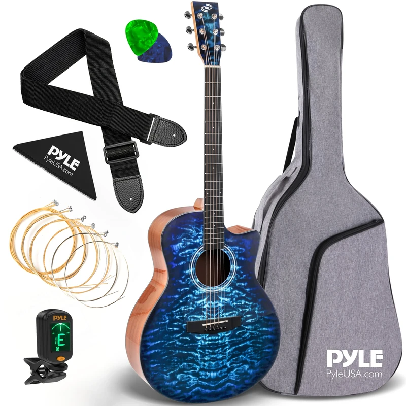 Pyle Acoustic Guitar, Full Size Classical Guitar - Steel String, 41" Blue, Gig Bag, Tuner, Extra Strings, Strap, Picks, Right Handed