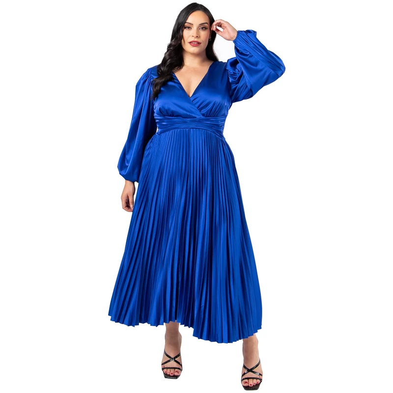 Lovedrobe Pleated Midaxi Dress Ladies Evening Gown V Neckline Back Keyhole Long Sleeve Bishop Satin A Line Cobalt Size 24